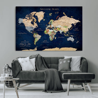 43160428-MGV-CV-36X24-Adventure Awaits Navy Blue World Map – Vibrant Travel Canvas Wall Art, Antique Atlas Print, Wanderlust Decor for Home Office