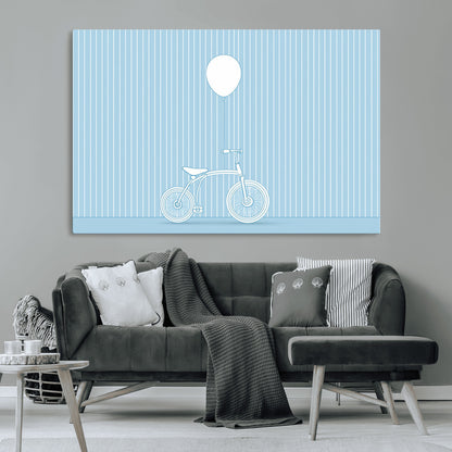 56479838-MGV-CV-36X24-Bicycle Wall Art – Minimalist Blue Canvas Print with Balloon Illustration, Modern Decor Artwork for Kids Room, Nursery, or Living