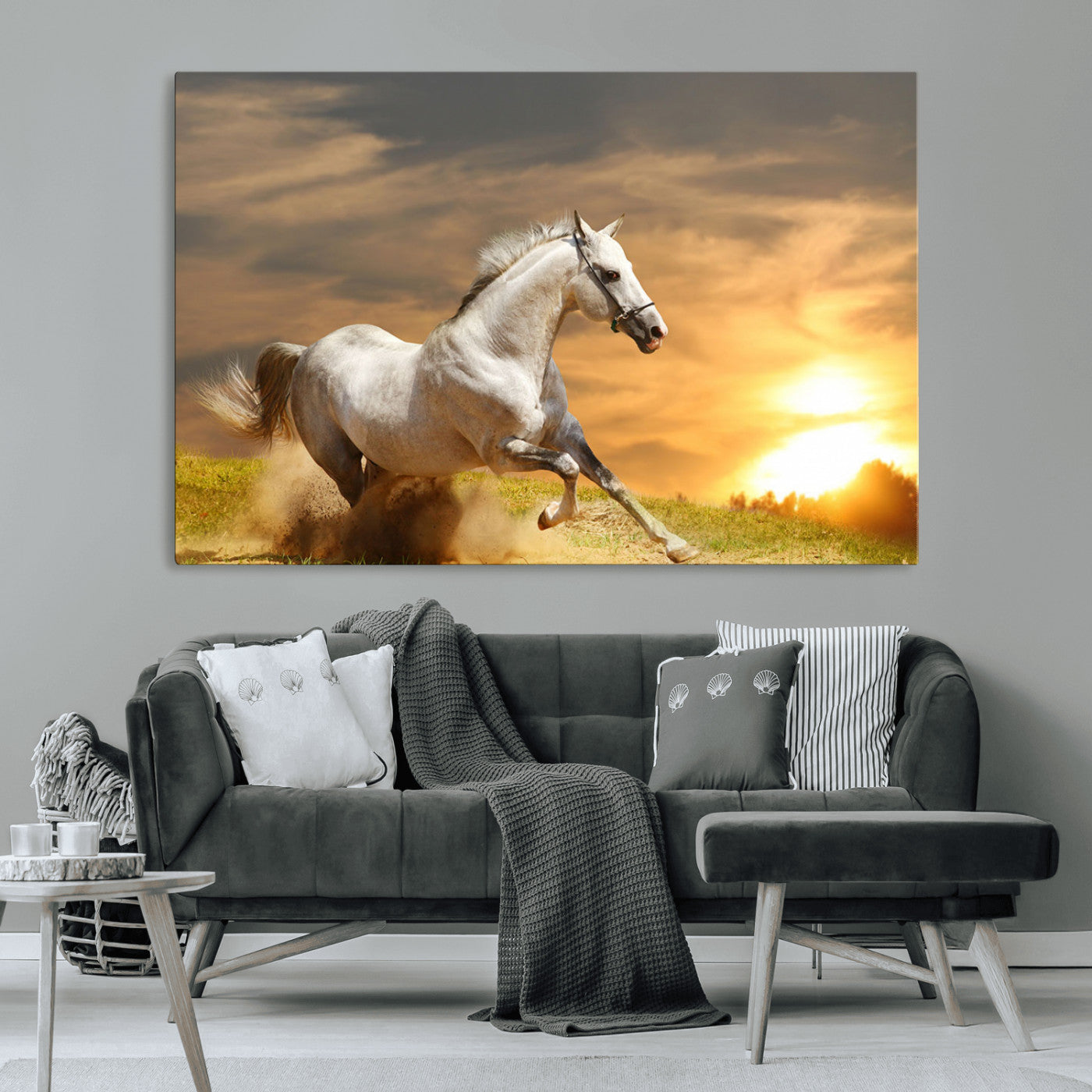 44295212-MGV-CV-36X24-Horse Wall Art – Running White Stallion Canvas Print with Sunset Background, Western Wildlife Decor for Living Room, Office, or