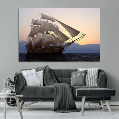 31270610-MGV-CV-36X24-Sailing Ship Wall Art – Sunset Seascape Canvas Print with Tall Ship at Sea, Nautical Ocean Decor for Living Room, Office, or