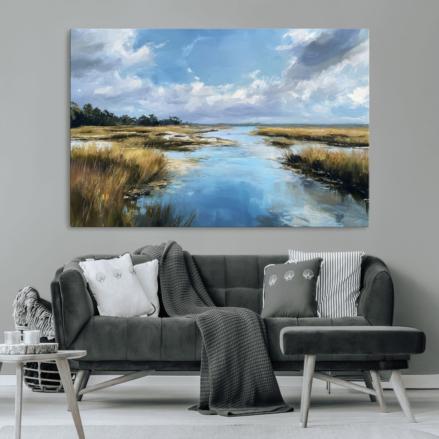 87082041-MGV-CV-36X24-Painted Marshland Canvas Wall Art – Serene Water Reflection, Blue Sky, Golden Grass Landscape, Calm Nature Decor for Home, Office,