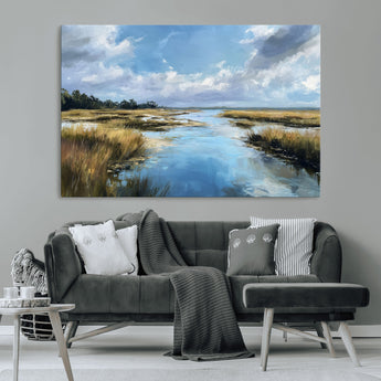 87082041-MGV-CV-36X24-Painted Marshland Canvas Wall Art – Serene Water Reflection, Blue Sky, Golden Grass Landscape, Calm Nature Decor for Home, Office,