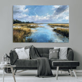 87082041-MGV-CV-36X24-Marshland Landscape Wall Art – Serene Nature Canvas Print with Blue Sky and Reflections, Tranquil Scenic Painting for Living Room,