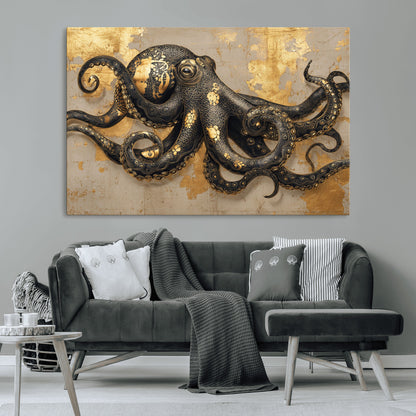 57944271-MGV-CV-36X24-Octopus Wall Art – Black and Gold Nautical Canvas Print, Modern Ocean Inspired Artwork with Elegant Detailing, Coastal Marine