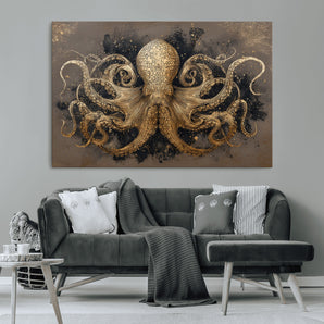 21717515-MGV-CV-36X24-Octopus Canvas Wall Art – Marine Illustration, Detailed Tentacles, Oceanic Creature, Nautical Decor, Vintage Style Sea Life for