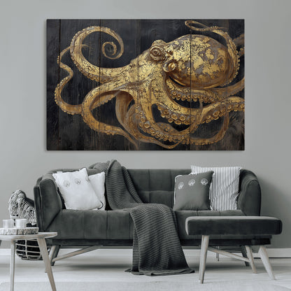47056538-MGV-CV-36X24-Octopus Wall Art – Gold Nautical Canvas Print with Rustic Wood Texture, Marine Creature Artwork for Coastal Ocean Decoration in