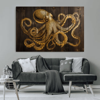 56769669-MGV-CV-36X24-Octopus Wall Art – Gold Nautical Canvas Print with Rustic Wood Panel Design, Detailed Marine Artwork for Coastal Ocean Decoration