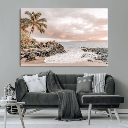 18005328-MGV-CV-36X24-Tropical Beach Canvas Wall Art – Palm Tree, Rocky Shoreline, Ocean Waves, Sunset Clouds, Calm Sea, Island Nature Relaxation for