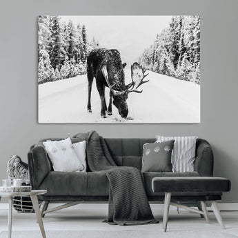 38956835-MGV-CV-36X24-Moose Wall Art – Black and White Wildlife Canvas Print with Snowy Forest Road, Rustic Nature Photography for Cabin, Lodge, Living