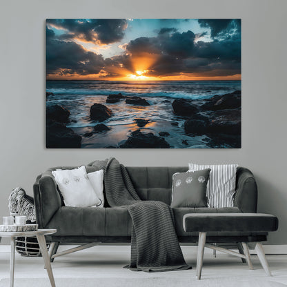 66040852-MGV-CV-36X24-Ocean Sunset Canvas Wall Art – Rocky Shore Waves, Dramatic Clouds, Golden Sun Rays, Coastal Nature, Serene Water Reflection for