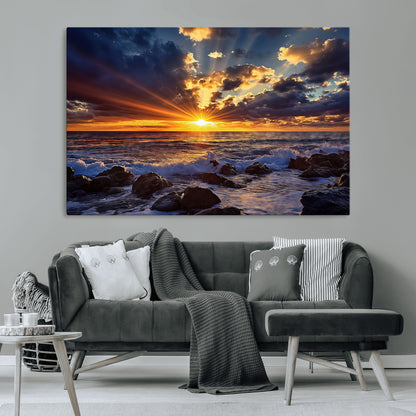 35900590-MGV-CV-36X24-Sunset Ocean Waves Canvas Wall Art – Rocky Shore, Dramatic Sky, Golden Sun Rays, Coastal Beauty, Serene Water Motion for Living
