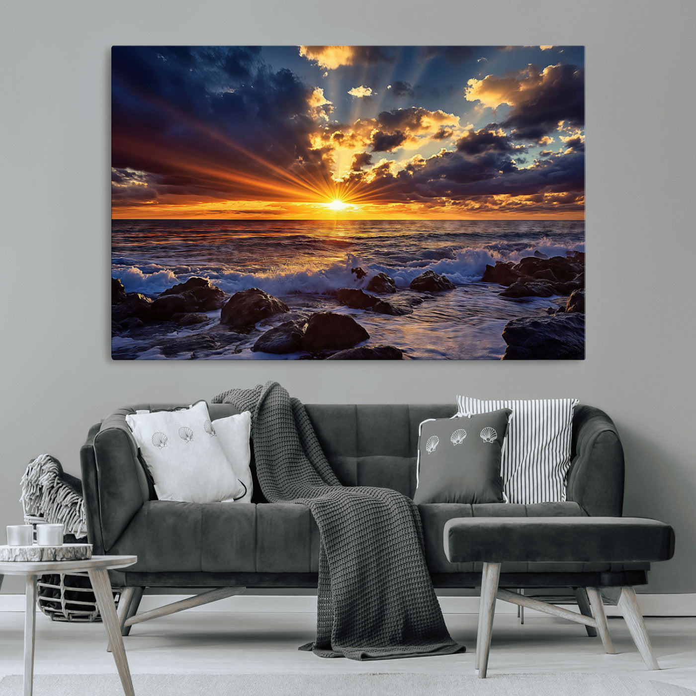 35900590-MGV-CV-36X24-Ocean Sunset Wall Art – Vivid Seascape Canvas Print with Sunburst Sky, Crashing Waves and Rocky Shore, Dramatic Coastal