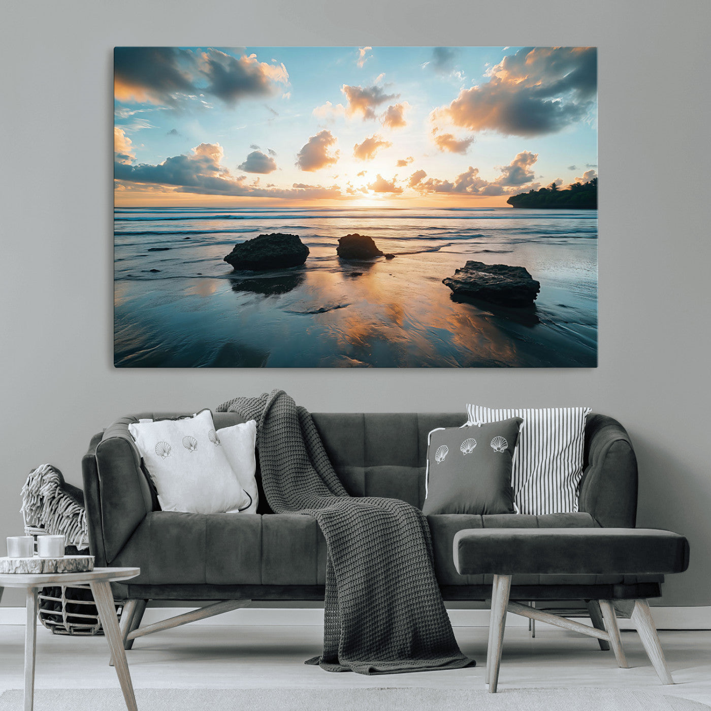 23879436-MGV-CV-36X24-Ocean Sunset Wall Art – Serene Seascape Canvas Print with Golden Sky, Reflections on Sand and Calm Waves, Peaceful Coastal