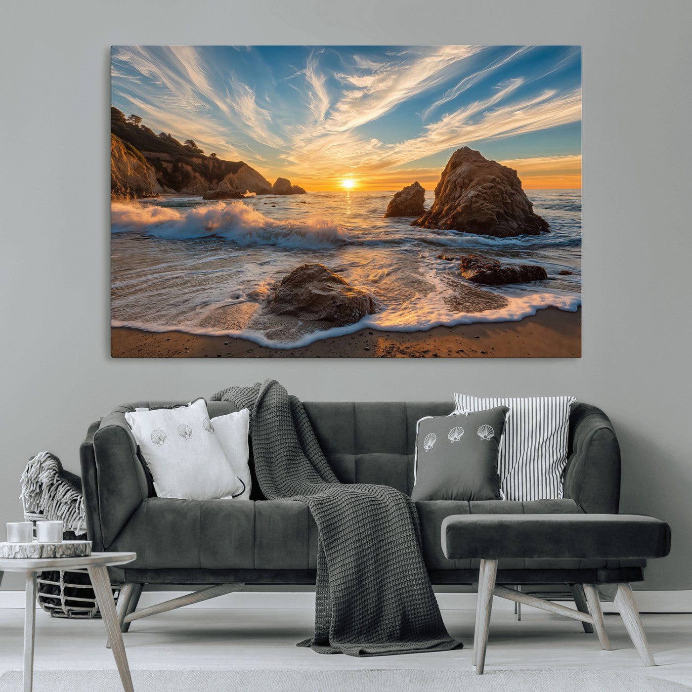 85659923-MGV-CV-36X24-Ocean Sunset Wall Art – Dramatic Seascape Canvas Print with Cliffs, Crashing Waves and Golden Sky, Bold Coastal Photography for