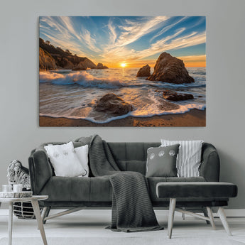 85659923-MGV-CV-36X24-Ocean Sunset Wall Art – Dramatic Seascape Canvas Print with Cliffs, Crashing Waves and Golden Sky, Bold Coastal Photography for