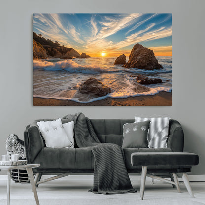 85659923-MGV-CV-36X24-Ocean Sunset Wall Art – Dramatic Seascape Canvas Print with Cliffs, Crashing Waves and Golden Sky, Bold Coastal Photography for