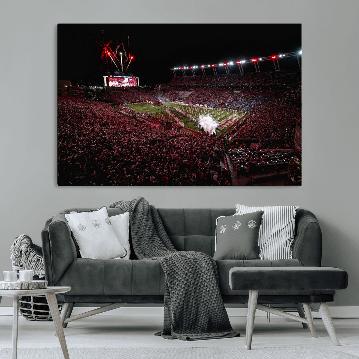 60690191-MGV-CV-36X24-Stadium Wall Art – Night Game Football Canvas Print with Fireworks, Marching Band and Crowd, Panoramic Sports Photography for Man