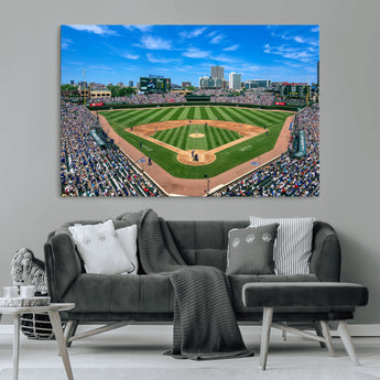 56213978-MGV-CV-36X24-Wrigley Field Baseball Stadium Canvas Wall Art – Packed Crowd Sports Stadium Print, City Skyline Baseball Field Canvas for Game