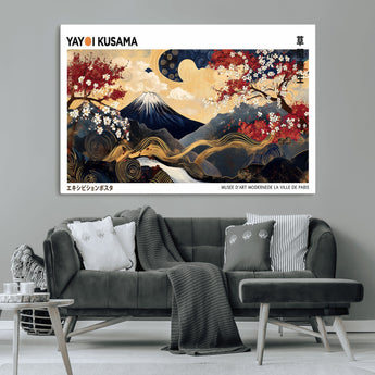 28945903-MGV-CV-36X24-Yayoi Kusama Inspired Japanese Art Canvas Print – Framed Floral & Mt. Fuji Wall Decor, Modern Asian Style Canvas for Home, Office,