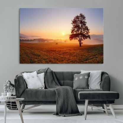 57919623-MGV-CV-36X24-Sunrise Landscape Wall Art – Golden Morning Canvas Print with Tree, Misty Hills and Open Field, Peaceful Nature Photography for