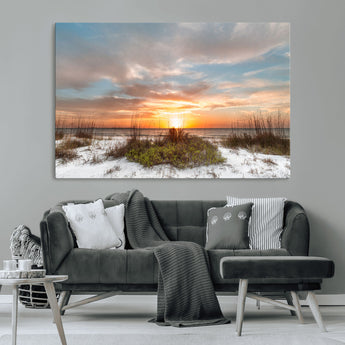58266230-MGV-CV-36X24-Beach Sunset Wall Art – Coastal Canvas Print with Sandy Dunes, Sea Grass and Golden Sky, Serene Ocean Landscape Photography for