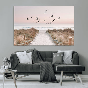 34632598-MGV-CV-36X24-Beach Pathway Wall Art – Coastal Canvas Print with Sandy Trail, Flying Birds and Pastel Sky, Serene Ocean Landscape Photography
