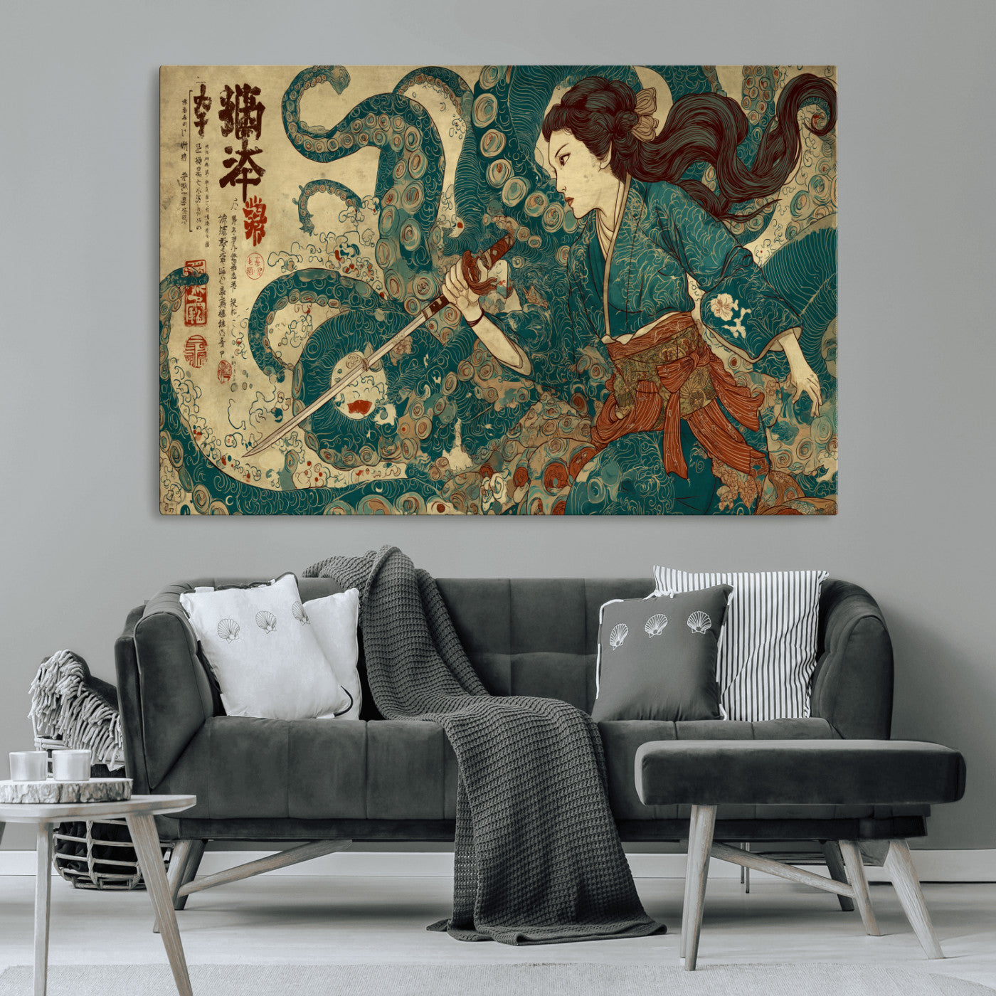 46837670-MGV-CV-36X24-Tsukioka Yoshitoshi Samurai Wall Art Print, Japanese Katana Warrior Canvas Wall Art, Octopus Sea Monster Canvas Print,