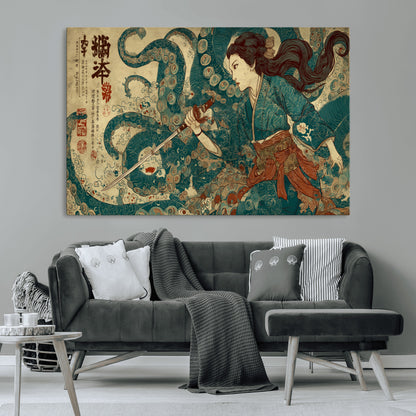 46837670-MGV-CV-36X24-Tsukioka Yoshitoshi Samurai Wall Art Print, Japanese Katana Warrior Canvas Wall Art, Octopus Sea Monster Canvas Print,