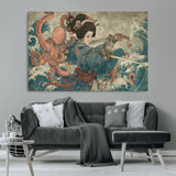 52037775-MGV-CV-36X24-Samurai Woman Wall Art – Japanese Ukiyo e Style Canvas Print with Katana, Ocean Waves and Octopus, Traditional Asian Inspired