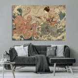 54879547-MGV-CV-36X24-Samurai Woman Wall Art – Japanese Ukiyo-e Style Canvas Print with Katana and Octopus, Traditional Asian Inspired Battle Artwork