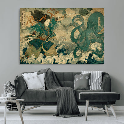 24416422-MGV-CV-36X24-Samurai vs Octopus Wall Art – Japanese Warrior Ocean Battle Canvas Print, Ukiyo e Inspired Decor for Home, Office, or Man Cave