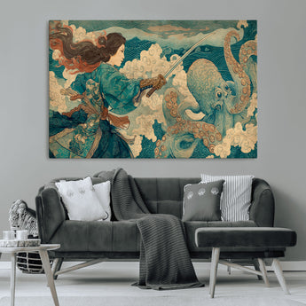 37943964-MGV-CV-36X24-Tsukioka Yoshitoshi Samurai Wall Art Print, Japanese Katana Warrior Canvas Wall Art, Octopus Sea Monster Canvas Print,
