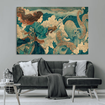 37943964-MGV-CV-36X24-Tsukioka Yoshitoshi Samurai Wall Art Print, Japanese Katana Warrior Canvas Wall Art, Octopus Sea Monster Canvas Print,