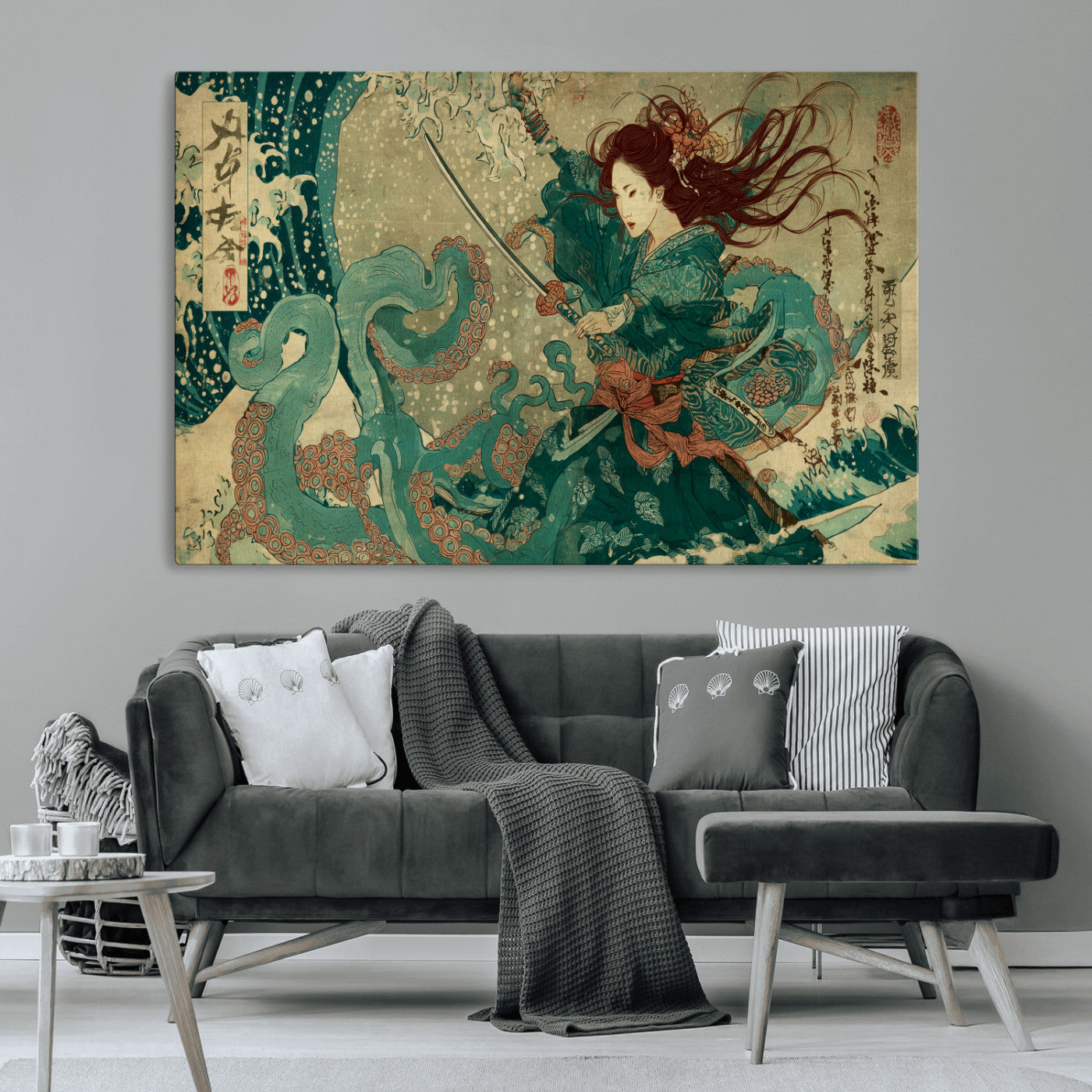 86918027-MGV-CV-36X24-Tsukioka Yoshitoshi Samurai Wall Art Print, Japanese Katana Warrior Canvas Wall Art, Octopus Sea Monster Canvas Print,