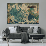 60346622-MGV-CV-36X24-Tsukioka Yoshitoshi Samurai Wall Art Print, Japanese Katana Warrior Canvas Wall Art, Octopus Sea Monster Canvas Print,