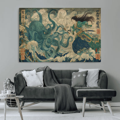 60346622-MGV-CV-36X24-Tsukioka Yoshitoshi Samurai Wall Art Print, Japanese Katana Warrior Canvas Wall Art, Octopus Sea Monster Canvas Print,
