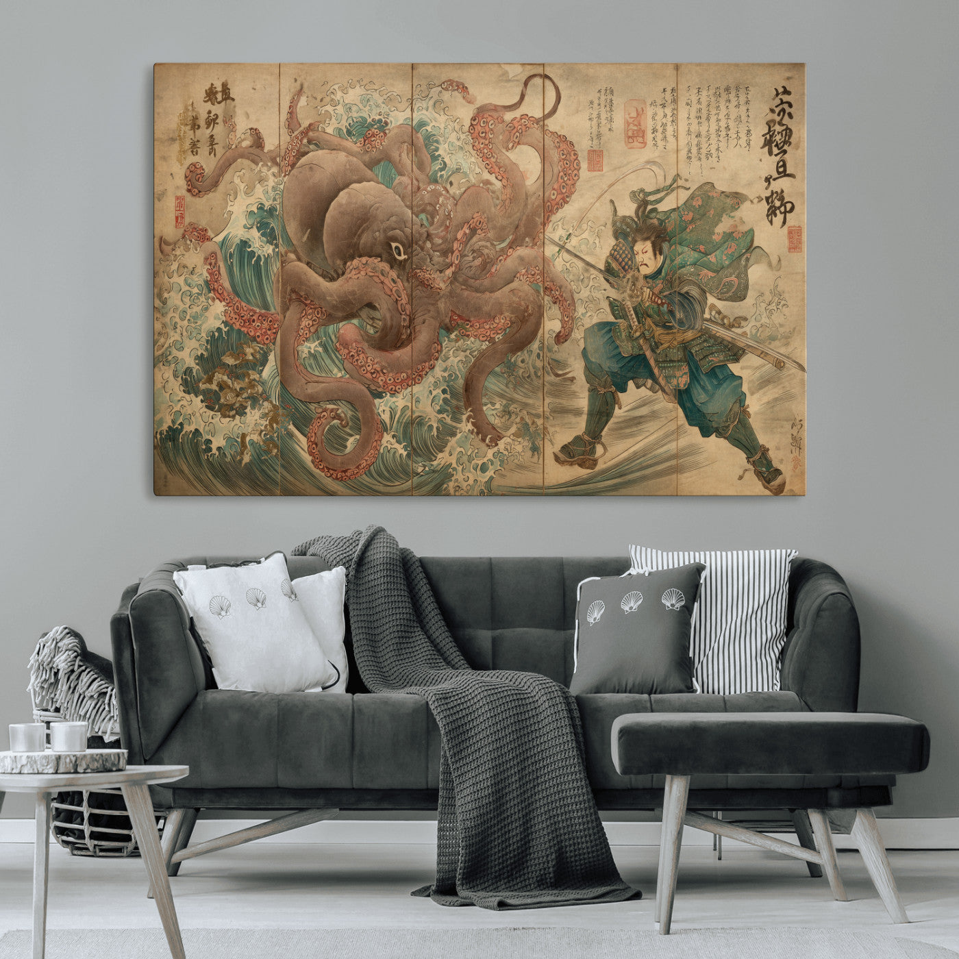 63782167-MGV-CV-36X24-Tsukioka Yoshitoshi Samurai Wall Art Print, Japanese Katana Warrior Canvas Wall Art, Octopus Sea Monster Canvas Print,