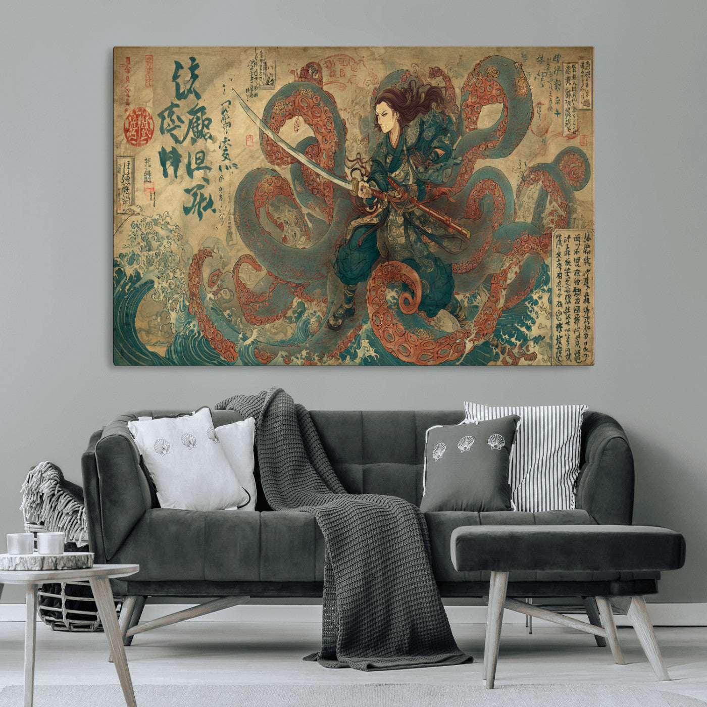 98593115-MGV-CV-36X24-Samurai Warrior vs Octopus Wall Art – Japanese Ukiyo-e Calligraphy Canvas Print, Ocean Battle Scene Artwork for Living Room,