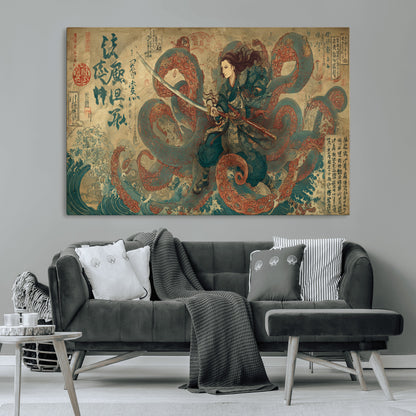 98593115-MGV-CV-36X24-Samurai Warrior vs Octopus Wall Art – Japanese Ukiyo-e Calligraphy Canvas Print, Ocean Battle Scene Artwork for Living Room,