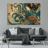 18575670-MGV-CV-36X24-Samurai Woman vs Octopus Wall Art – Japanese Ukiyo-e Ocean Battle Canvas Print, Traditional Warrior Artwork for Living Room,