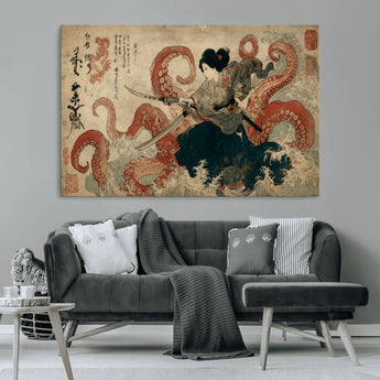 50812504-MGV-CV-36X24-Tsukioka Yoshitoshi Samurai Wall Art Print, Japanese Katana Warrior Canvas Wall Art, Octopus Sea Monster Canvas Print,