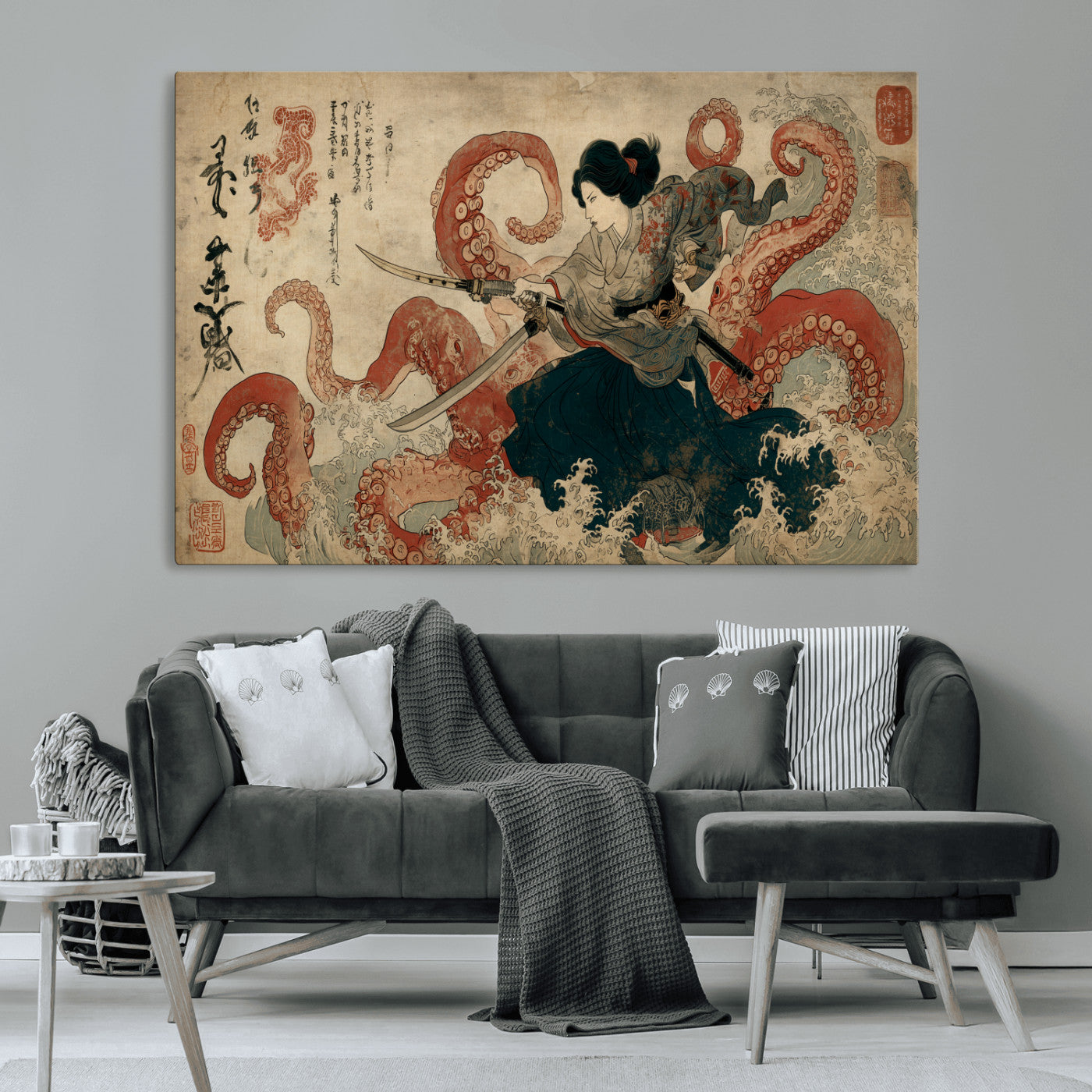 50812504-MGV-CV-36X24-Samurai Woman vs Octopus Wall Art – Japanese Ukiyo-e Red Tentacle Canvas Print, Ocean Battle Artwork for Living Room, Office, Man
