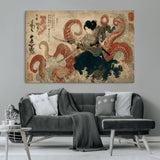 50812504-MGV-CV-36X24-Samurai Woman vs Octopus Wall Art – Japanese Ukiyo-e Red Tentacle Canvas Print, Ocean Battle Artwork for Living Room, Office, Man