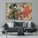 68844327-MGV-CV-36X24-Tsukioka Yoshitoshi Samurai Wall Art Print, Japanese Katana Warrior Canvas Wall Art, Octopus Sea Monster Canvas Print,