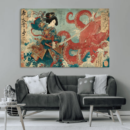 68844327-MGV-CV-36X24-Tsukioka Yoshitoshi Samurai Wall Art Print, Japanese Katana Warrior Canvas Wall Art, Octopus Sea Monster Canvas Print,