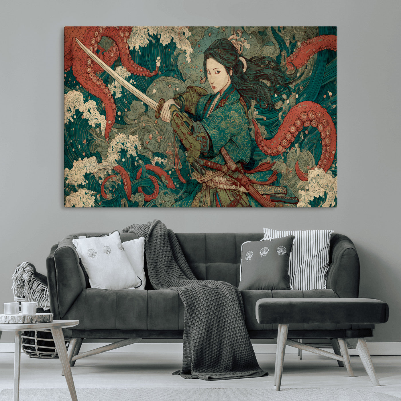 35461724-MGV-CV-36X24-Samurai Woman vs Octopus Wall Art – Japanese Ukiyo-e Ocean Waves Canvas Print, Red Tentacle Battle Artwork for Living Room,