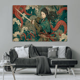 35461724-MGV-CV-36X24-Samurai Woman vs Octopus Wall Art – Japanese Ukiyo-e Ocean Waves Canvas Print, Red Tentacle Battle Artwork for Living Room,