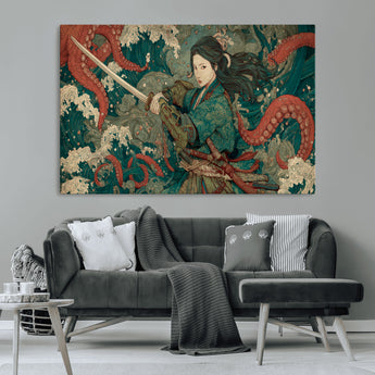 35461724-MGV-CV-36X24-Samurai Woman vs Octopus Wall Art – Japanese Ukiyo-e Ocean Waves Canvas Print, Red Tentacle Battle Artwork for Living Room,
