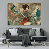 63377977-MGV-CV-36X24-Tsukioka Yoshitoshi Samurai Wall Art Print, Japanese Katana Warrior Canvas Wall Art, Octopus Sea Monster Canvas Print,