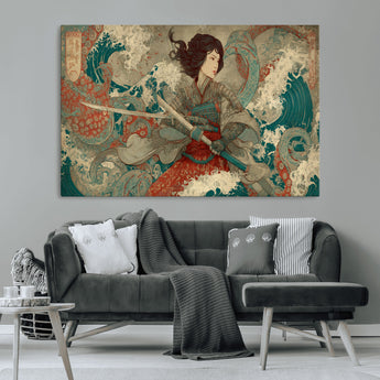 63377977-MGV-CV-36X24-Tsukioka Yoshitoshi Samurai Wall Art Print, Japanese Katana Warrior Canvas Wall Art, Octopus Sea Monster Canvas Print,